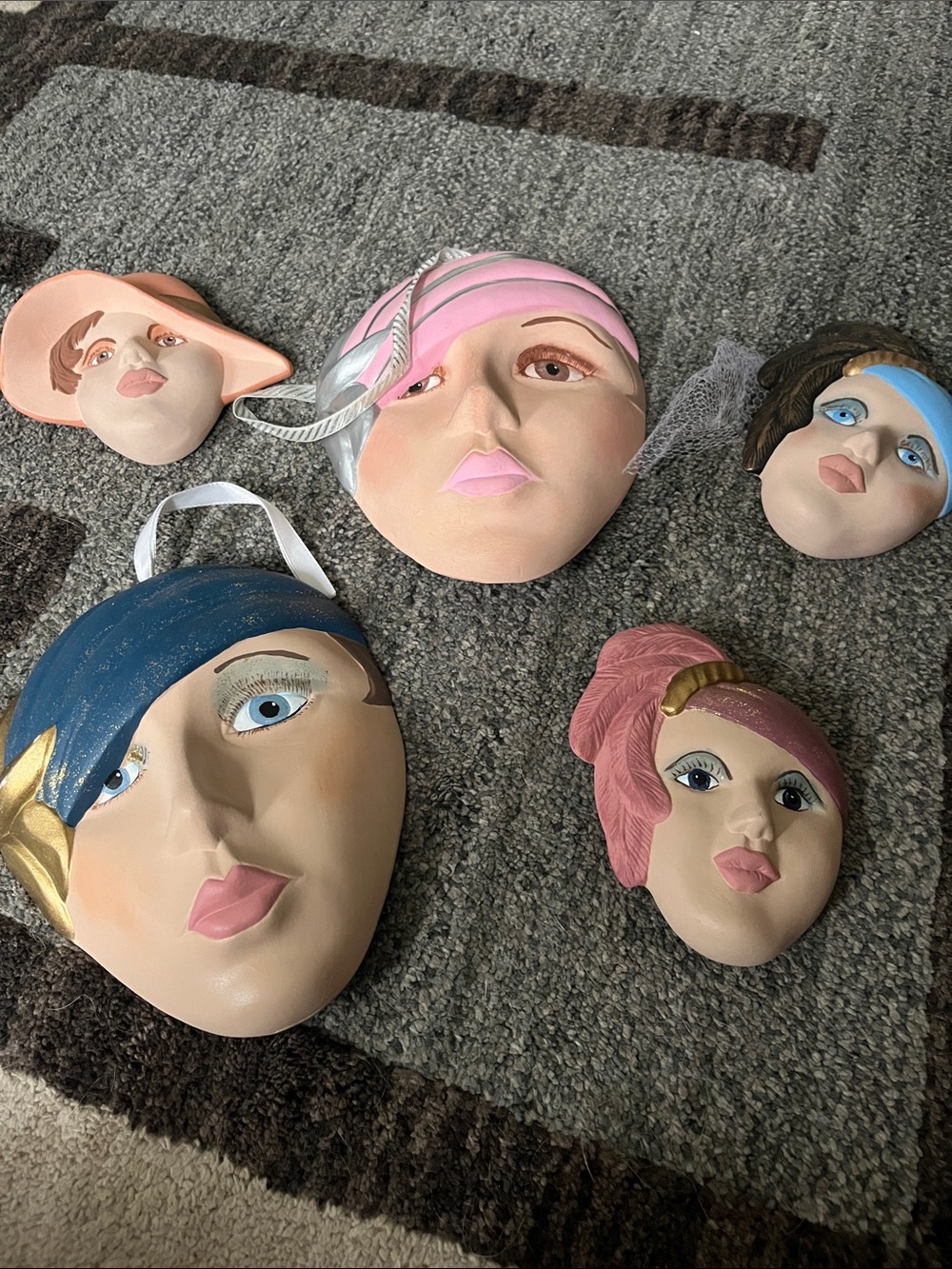 Decorative Ceramic Wall Mask Set - Pink, Blue, Peach Accents